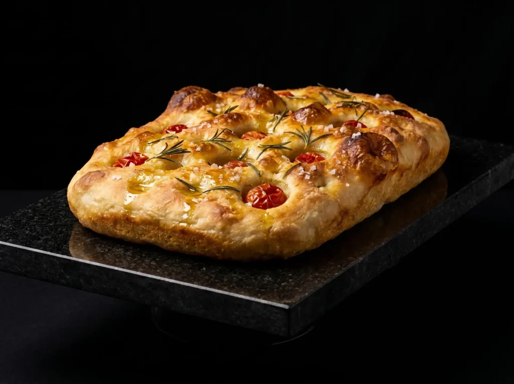 Focaccia amb herbes cuita sobre pedra negra ROK Empordà